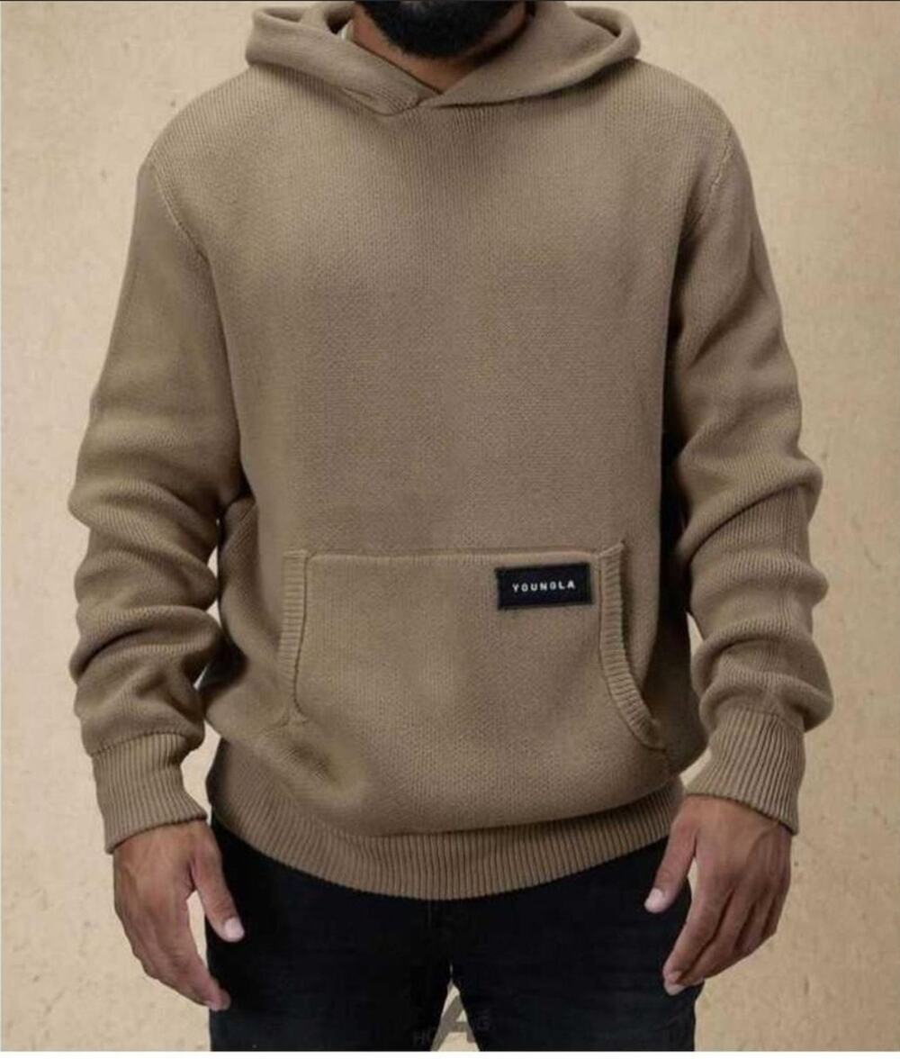 YoungLA Mens Knit Hoodie Brown Tan Pullover Kangaroo Pocket Cotton Streetwear L